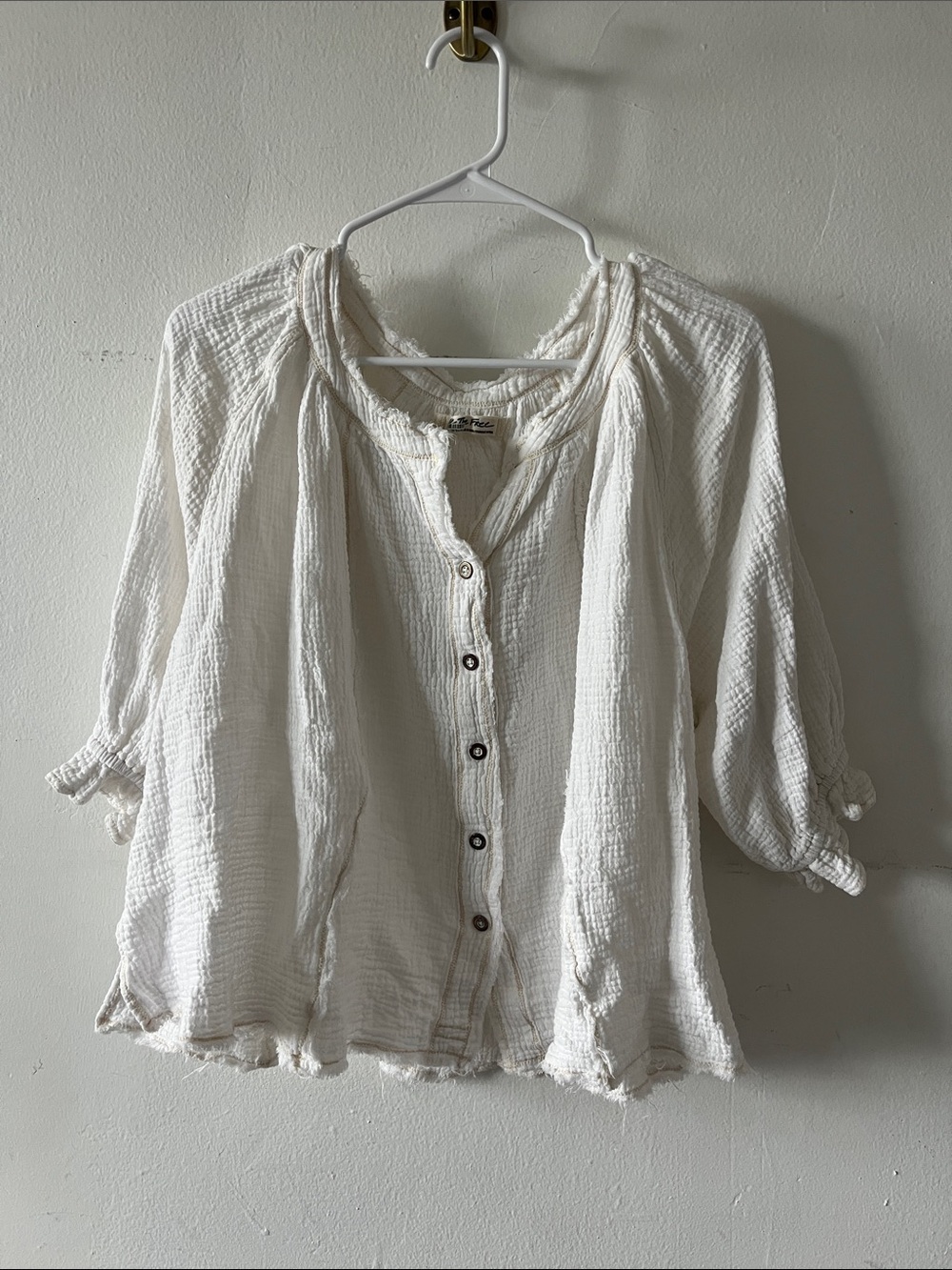 Free People Ivory Gauze Button-Down Peasant Blouse